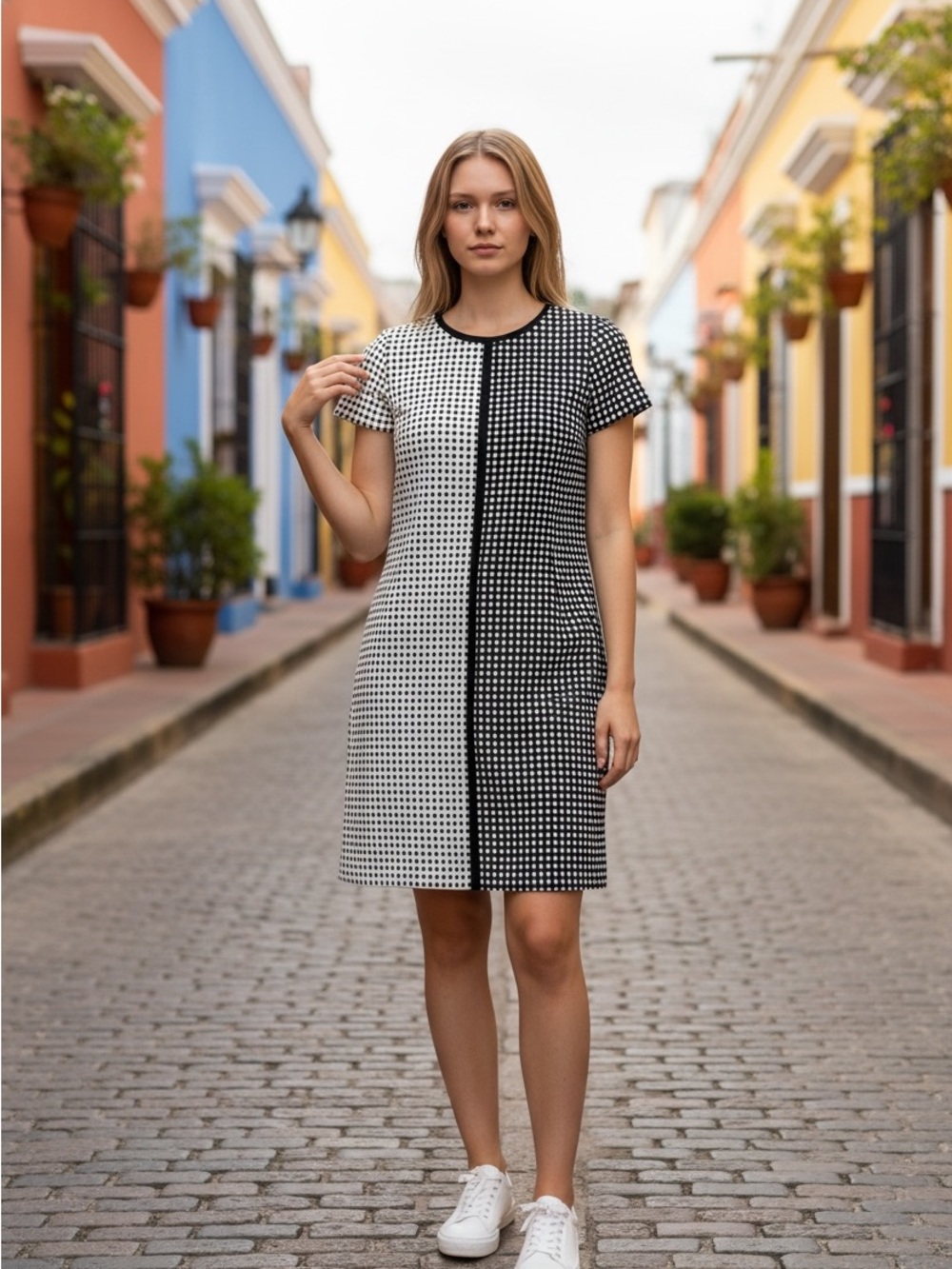 Betsey Johnson Black & White Gingham Checkered Shift Sheath Dress Short Sleeve